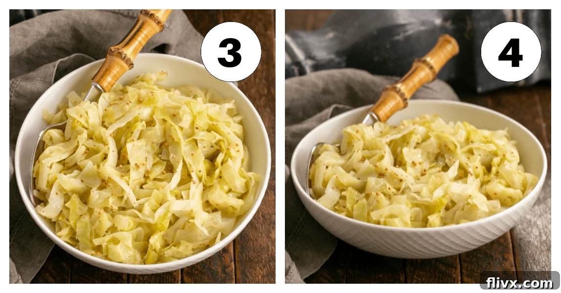 Step-by-step images showing the cooked cabbage transferred to a dish and the mustard sauce being prepared in the skillet.