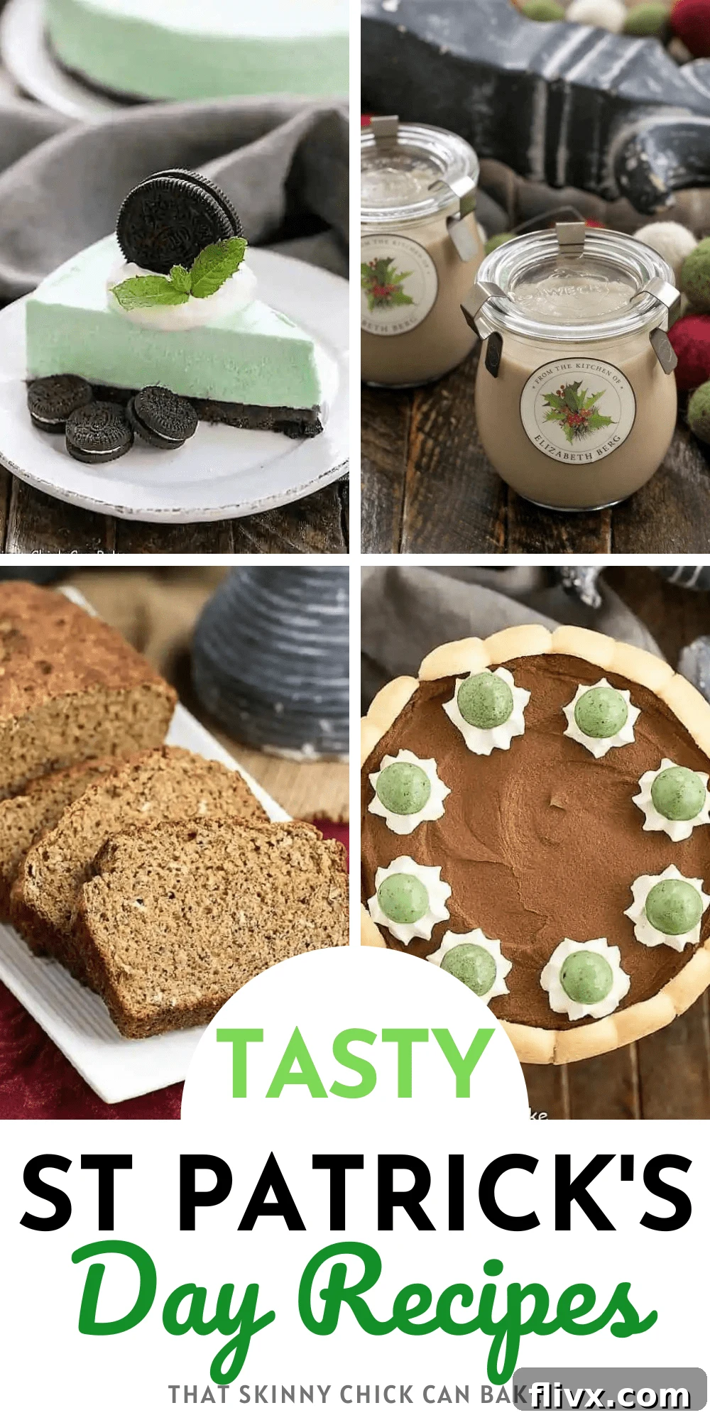 A collage of festive St. Patrick's Day recipes, featuring various green and Irish-themed dishes and desserts.