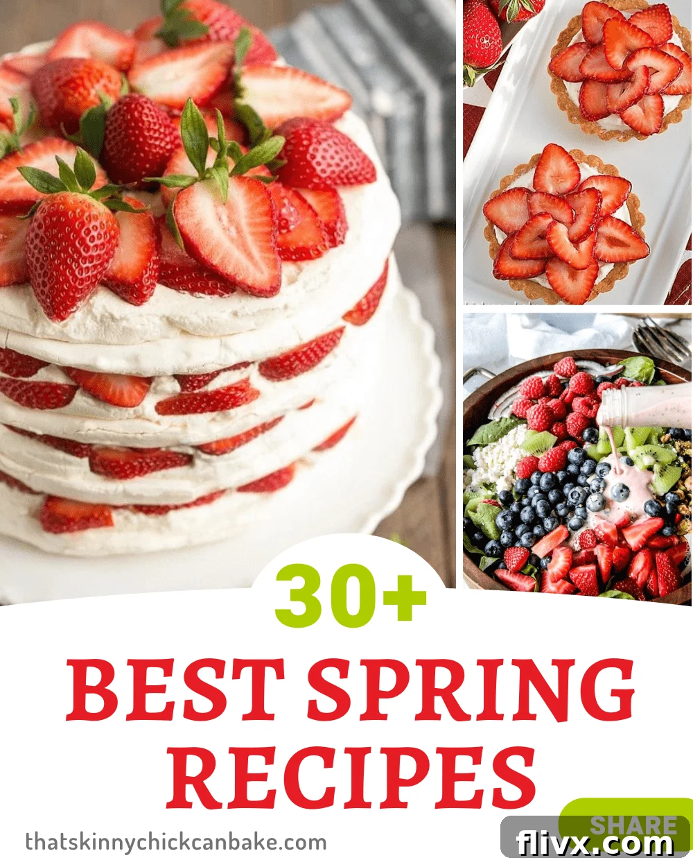 A vibrant collage showcasing a variety of the best spring recipes including tarts, salads, quiches, and desserts, perfect for Easter, Mother's Day, and seasonal meals.