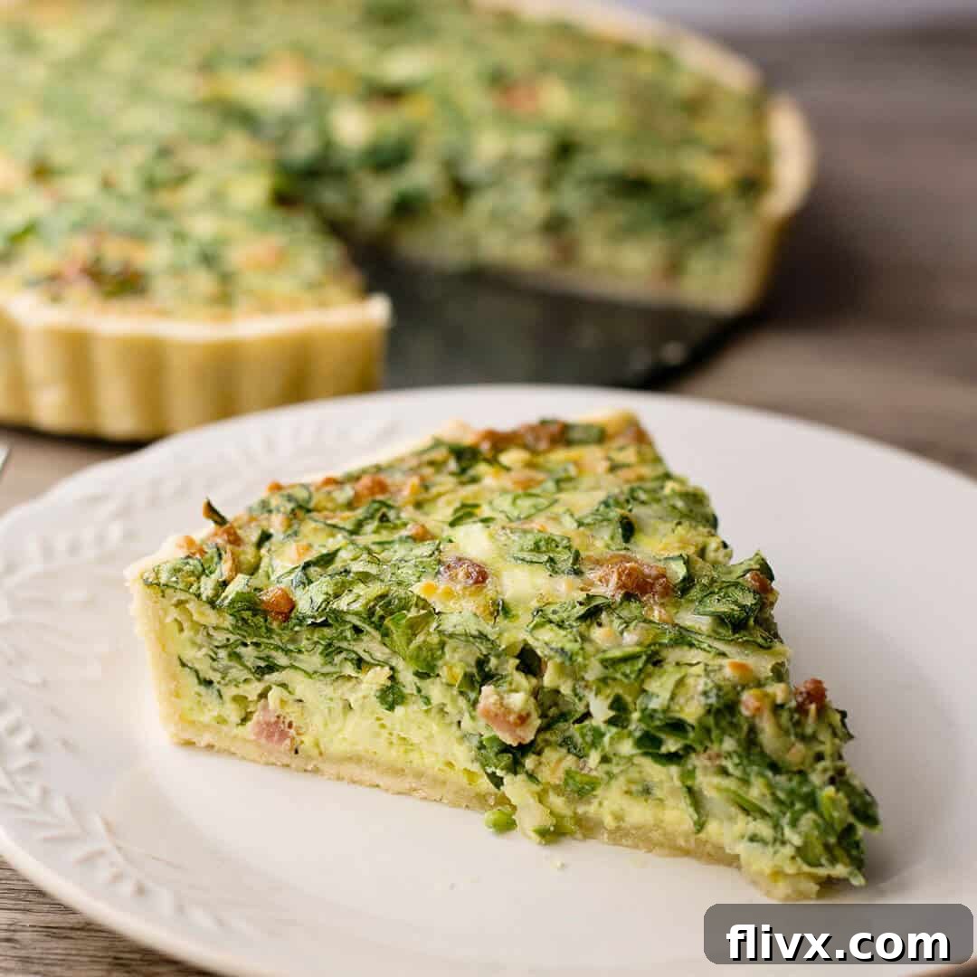 Savory Bacon Spinach Artichoke Quiche, a perfect brunch entree for spring.