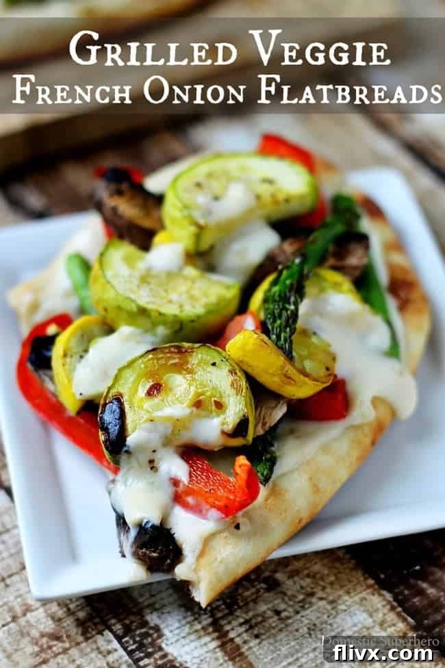 Savory Grilled Veggie French Onion Flatbreads with fresh spring vegetables.