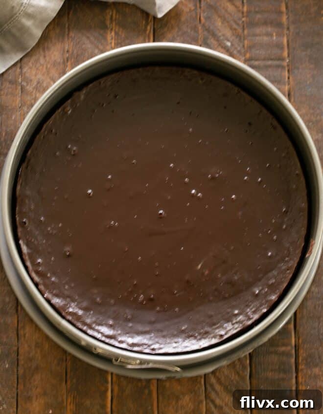 The Dark Nemesis 10 Step 7: The baked La Bete Noire flourless chocolate cake, golden and perfectly set in its springform pan after being removed from the water bath.