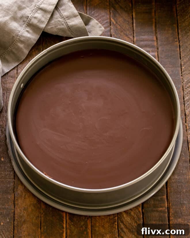 The Dark Nemesis 11 Step 8: Applying the smooth ganache topping to the cooled La Bete Noire cake and preparing it for final garnishes.