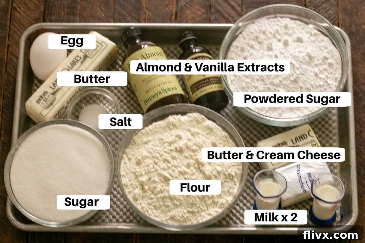 A collection of fresh ingredients for sugar cookie bars, neatly arranged on a sheet pan with labels, ready for baking.