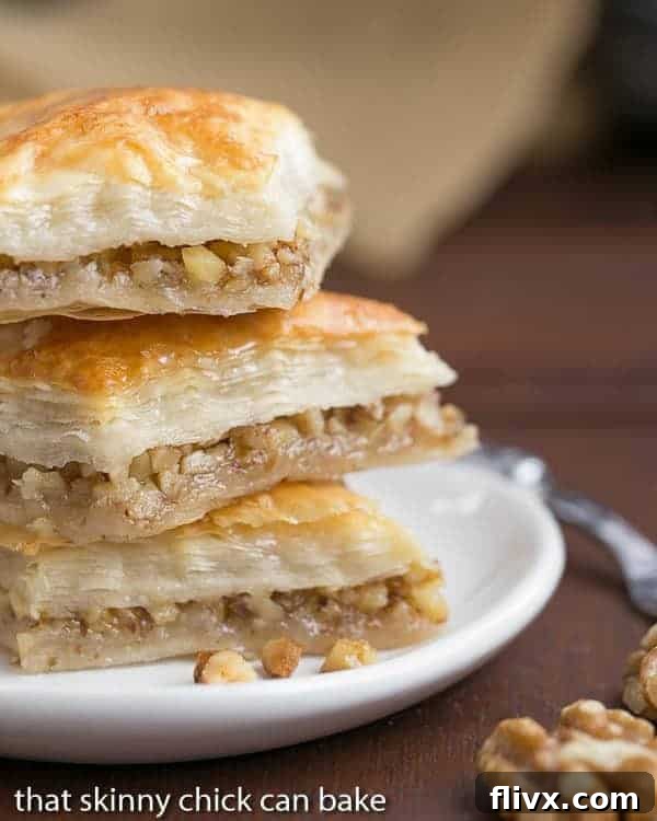 Gretchen's Baklava - My mom's baklava with layers of buttery filo & a walnut filling doused with orange blossom water kissed sugar syrup