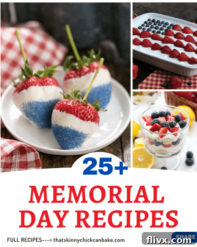 Three colorful Memorial Day dishes arranged above a red, white, and blue text box, showcasing festive summer culinary inspiration.