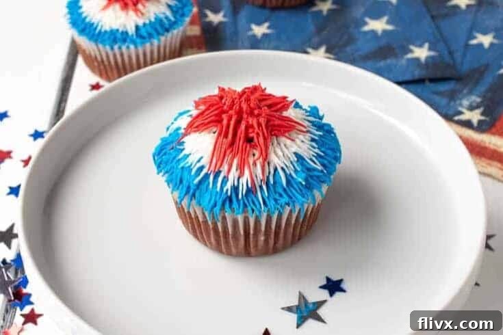 Festive Red Velvet Patriotic Firework Cupcakes, perfect for any patriotic holiday!