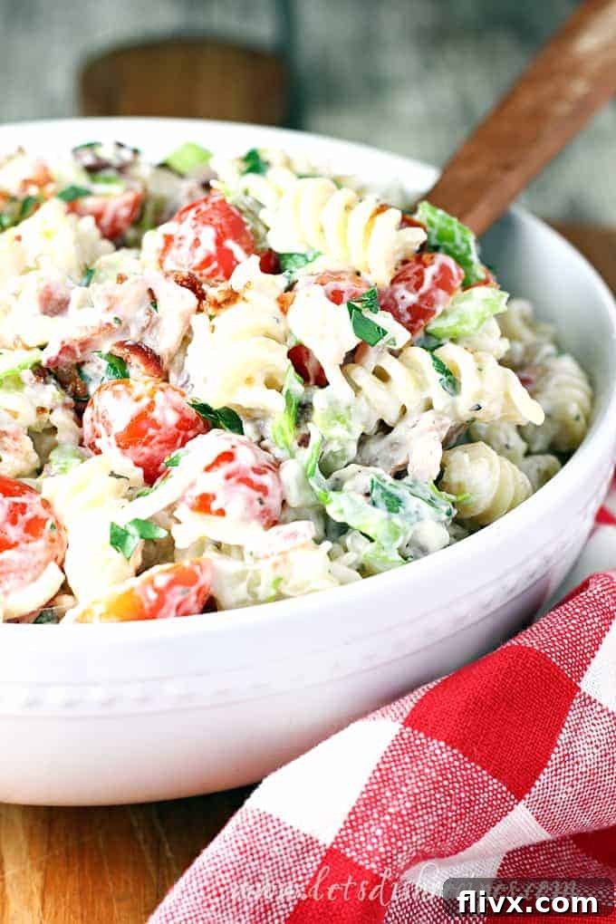 Ranch BLT Pasta Salad, transforming a favorite summer sandwich into a delightful pasta salad.