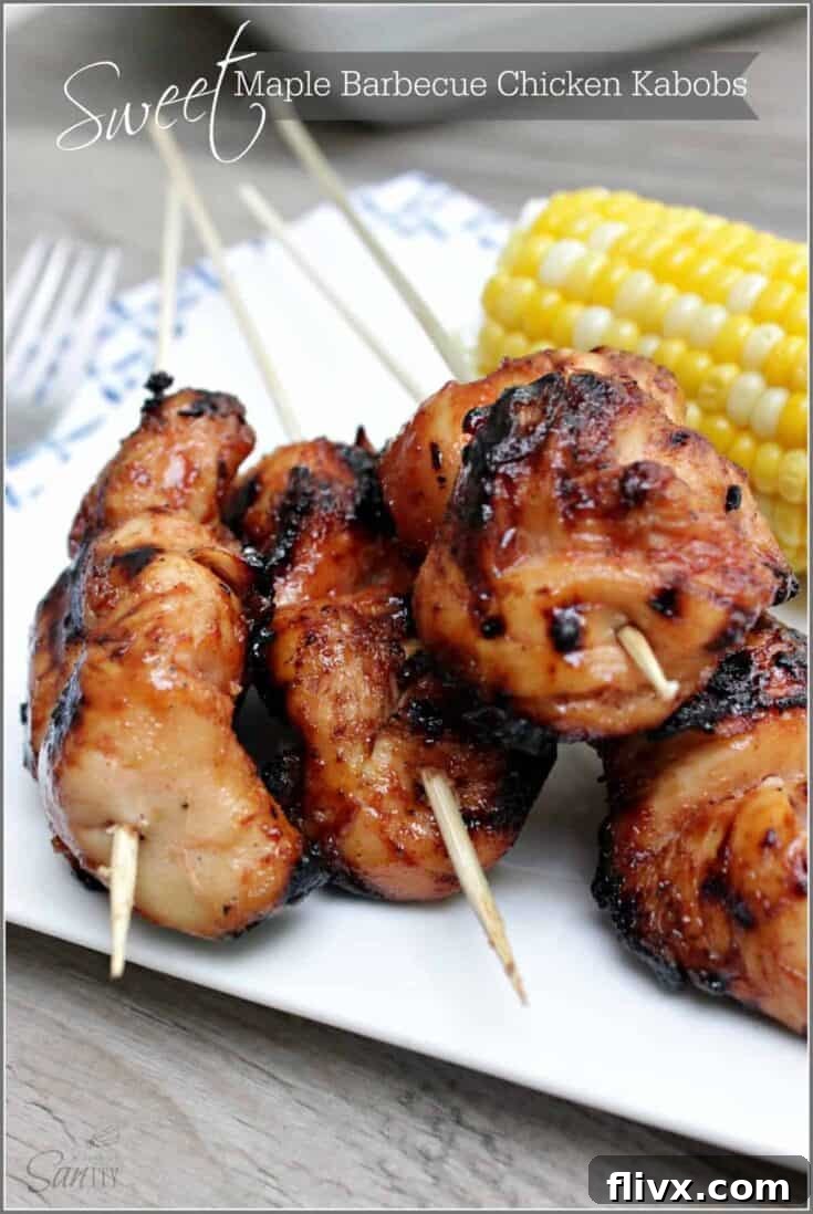 Sweet Maple Barbecue Chicken Kabobs with a delicious caramelized BBQ sauce.