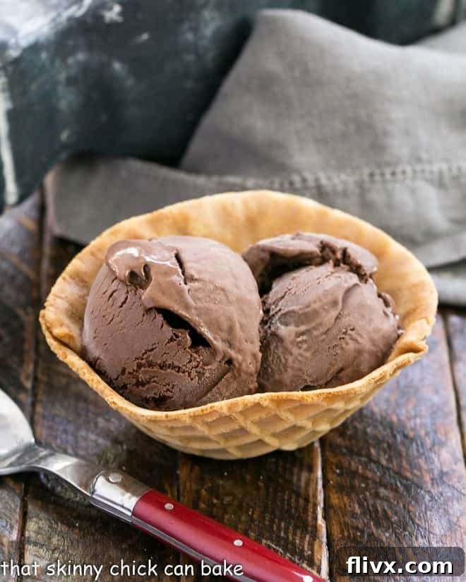 Rich Chocolate Velvet ice cream served in a crispy waffle bowl with a classic red-handled spoon, inviting you to take a bite.