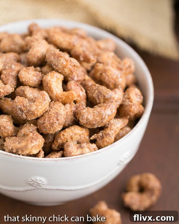 Overhead view of Spicy Sugared Cashews elegantly arranged in a decorative serving bowl, inviting indulgence.