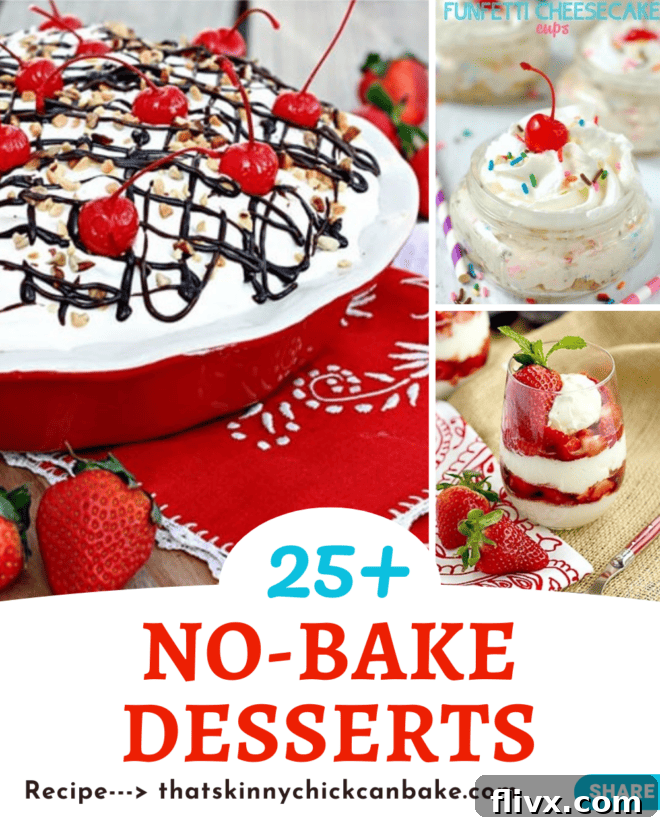 A vibrant collage showcasing an array of delicious no-bake desserts including layered cakes, fruit parfaits, and rich chocolate treats.