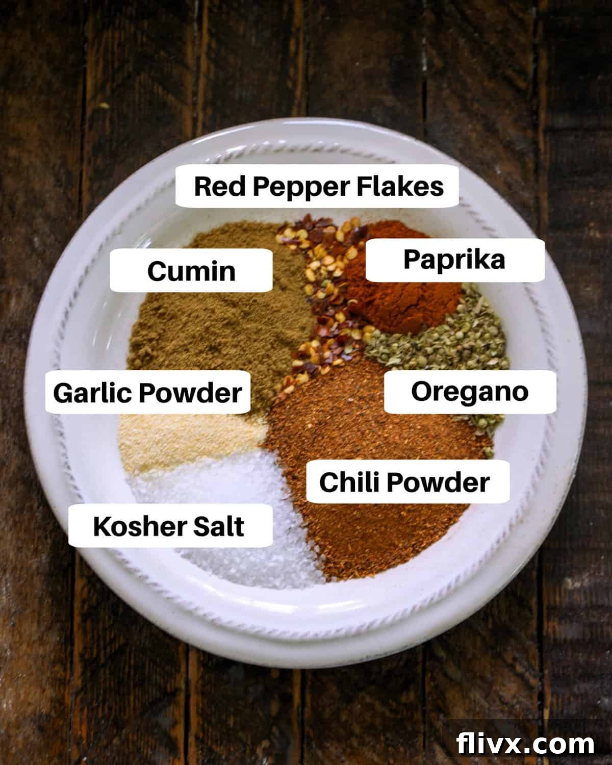 Taco Seasoning Ingredients meticulously arranged on a white plate with individual labels for clarity.