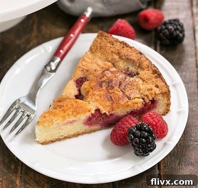 A slice of Mixed Berry Torte on a dessert plate, showcasing layers of cake and fresh berries.
