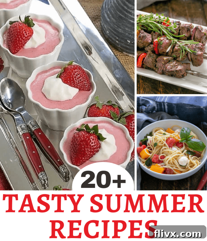 A vibrant collage of delicious summer recipes, showcasing appetizers, salads, and desserts, perfect for holidays and grilling.