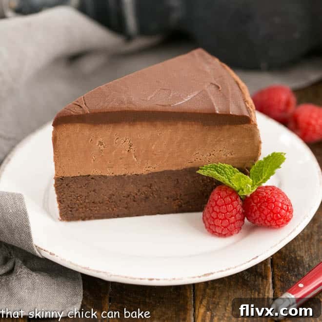 Frozen Chocolate Mousse Cake with three delicious chocolate layers.