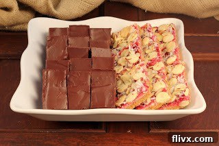 Decadent Truffle Brownies - Irresistibly Rich Close-up shot of truffle brownies with shiny chocolate ganache on a white serving tray.