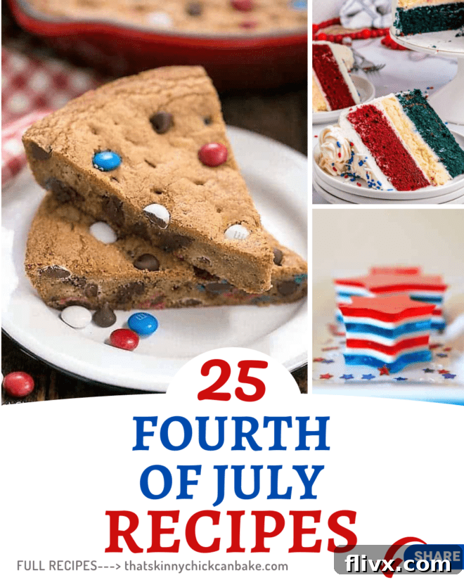A vibrant display of red, white, and blue desserts and dishes, perfect for a 4th of July celebration. Includes cookies, parfaits, and other patriotic treats, beautifully arranged.