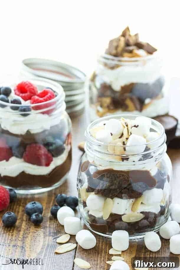 Three different no-bake brownie trifles, featuring patriotic colors.