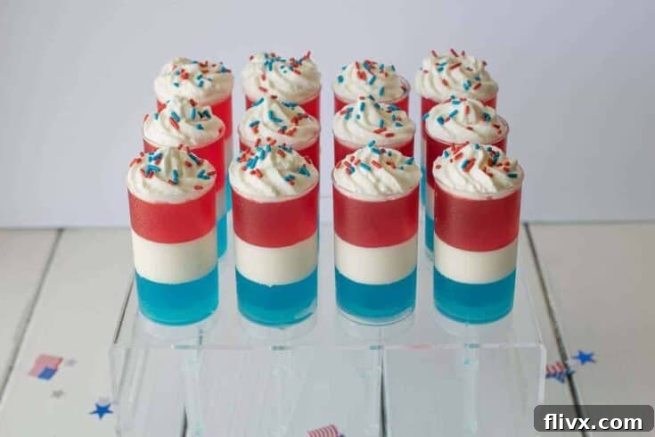 Patriotic jello and cream push pops, showing distinct red, white, and blue layers.