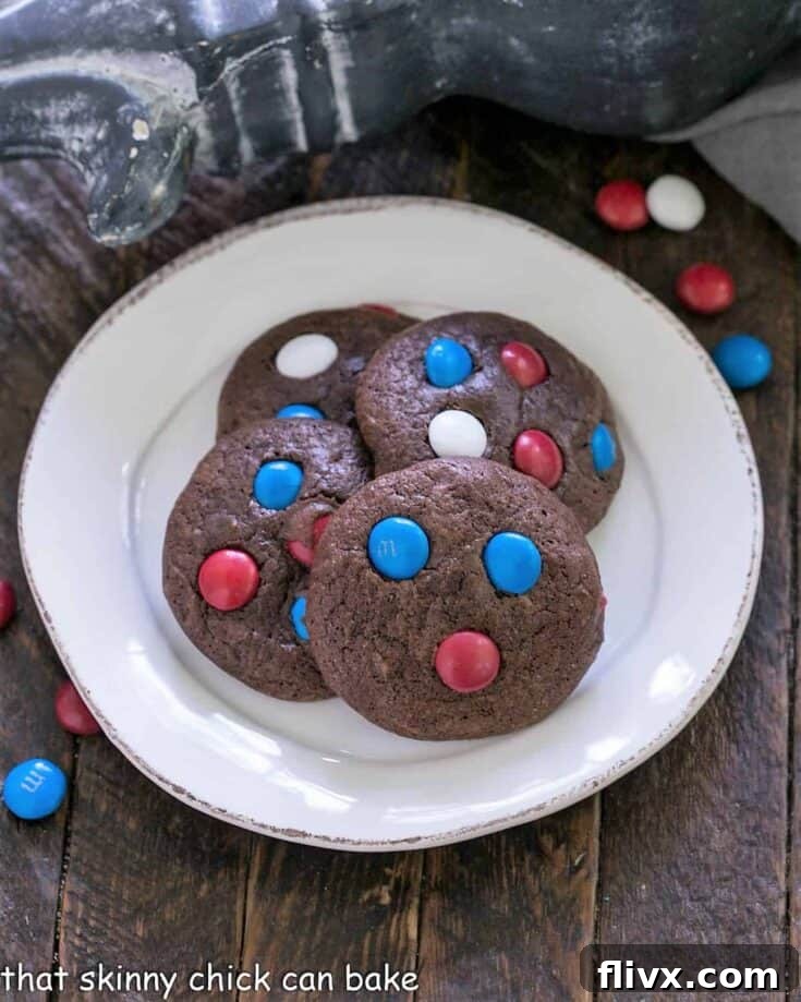 Delicious red, white, and blue brownie cookies speckled with patriotic M&Ms.