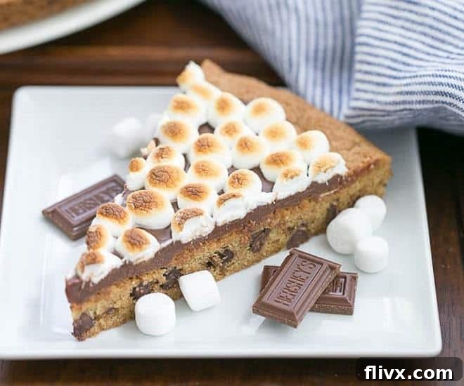 A large s'mores cookie cake topped with toasted marshmallows and chocolate drizzle.