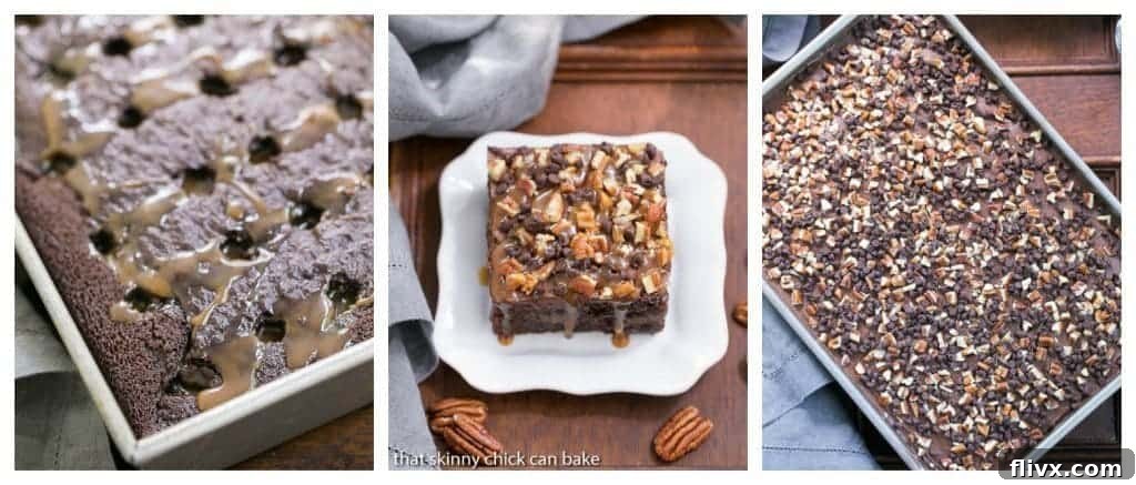 Decadent Turtle Poke Cake 4 A collage featuring three different views of the delicious Turtle Poke Cake, showcasing its rich texture and toppings.