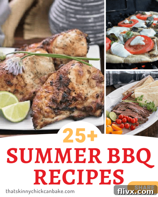 A collage featuring various delicious grilled dishes, including meats, vegetables, and even a dessert, with a text box overlay saying '25+ Summer Grilling Recipes'.