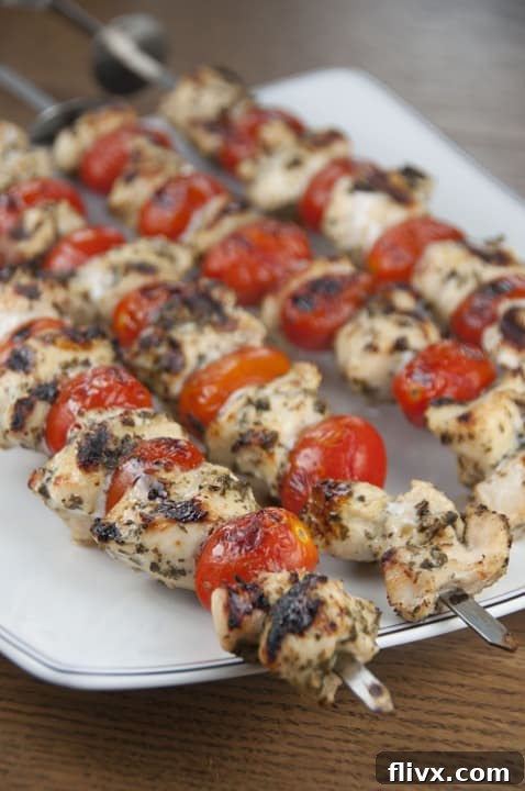 Grilled Pesto Chicken and Tomato Kabobs