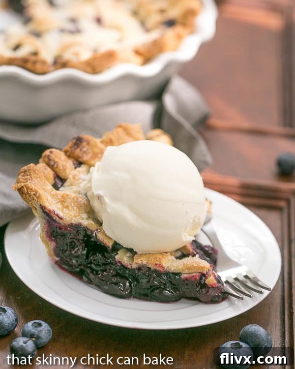 A delectable slice of Freeze and Bake Blueberry Pie, generously topped with a scoop of vanilla ice cream, promising year-round deliciousness.