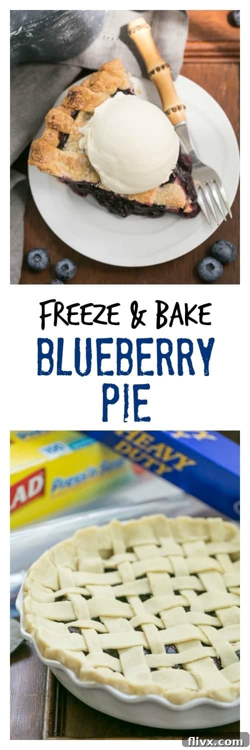 A beautiful Pinterest-optimized image for Freeze and Bake Blueberry Pie, reminding readers to pin it for future baking inspiration.