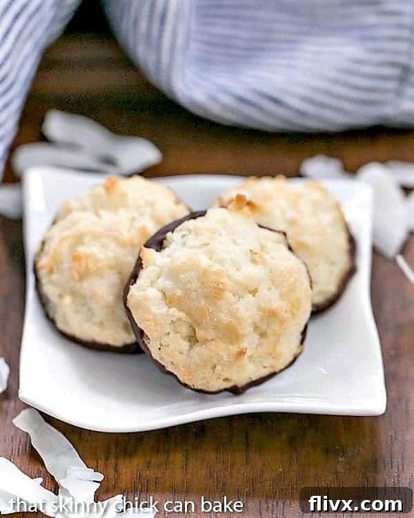 Coconut Macaroons on a white square plate.