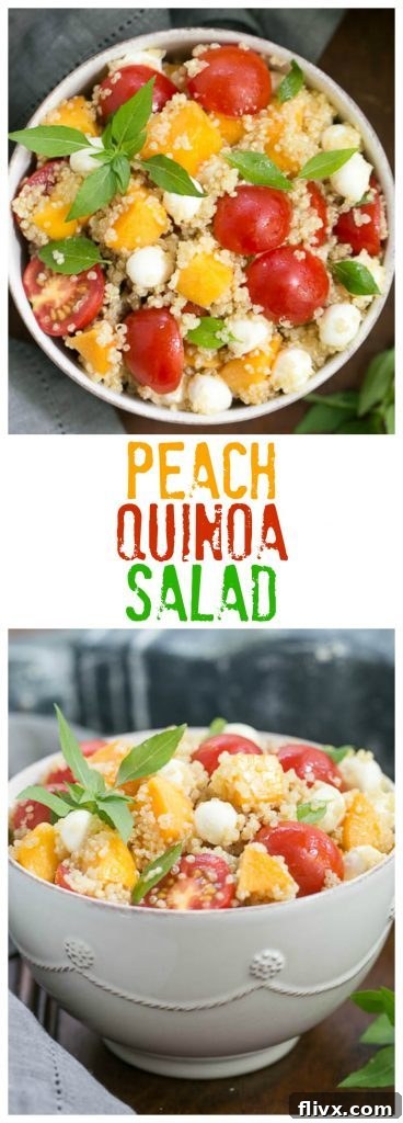 Beautifully styled Pinterest graphic for Peach Quinoa Caprese Salad, encouraging readers to save it.