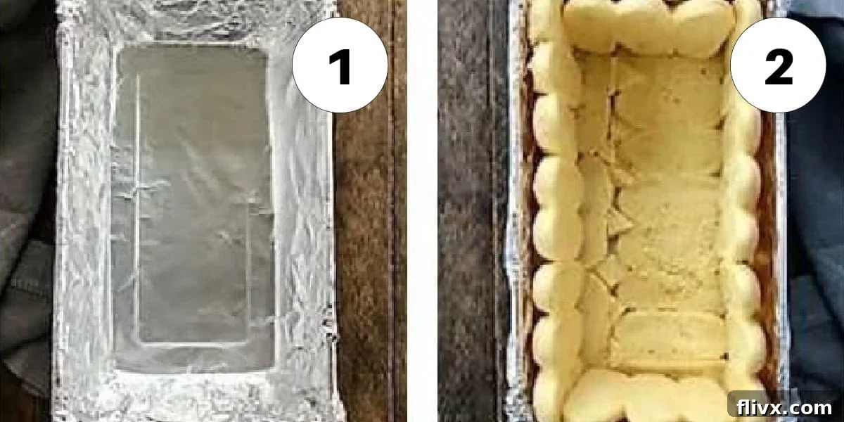 Process shots 1 and 2 for assembling a No-Bake Chocolate Mousse Cake, showing pan lining and ladyfinger arrangement.