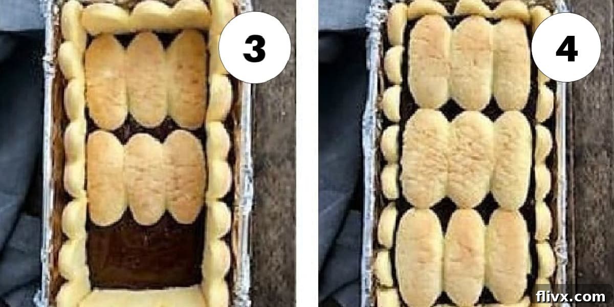 Process shots 3 and 4 for assembling a No-Bake Chocolate Mousse Cake, showing mousse layering and final ladyfinger placement.