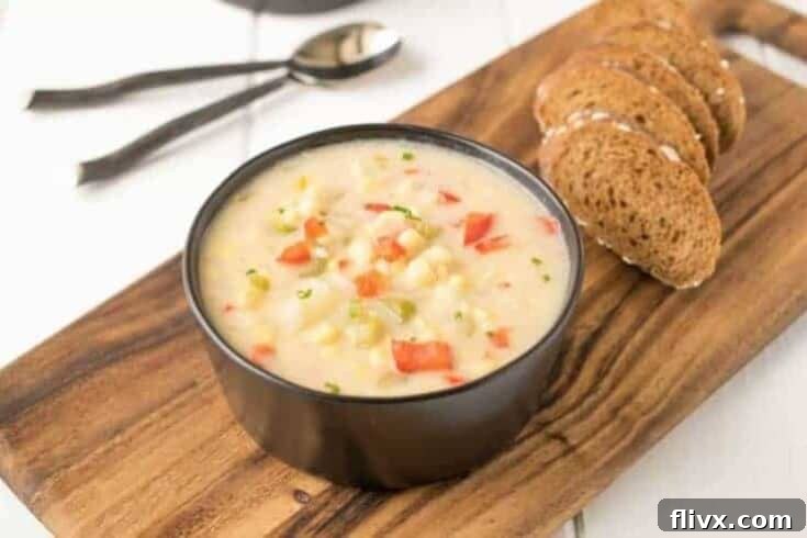 A bowl of creamy Summer Corn Chowder, garnished with fresh herbs, showcasing the sweetness of summer corn.