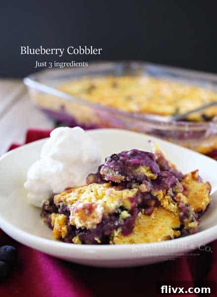 A close-up of 3-Ingredient Blueberry Cobbler, showing juicy blueberries under a simple, golden topping.