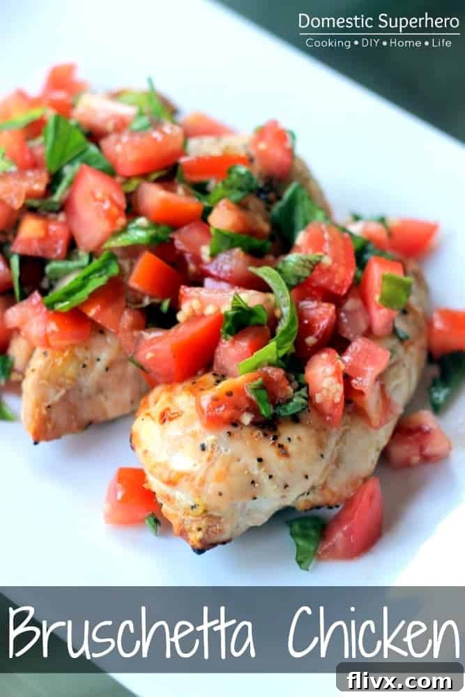 Skinny Bruschetta Chicken (easy healthy meal) topped with fresh tomatoes, basil, and mozzarella.