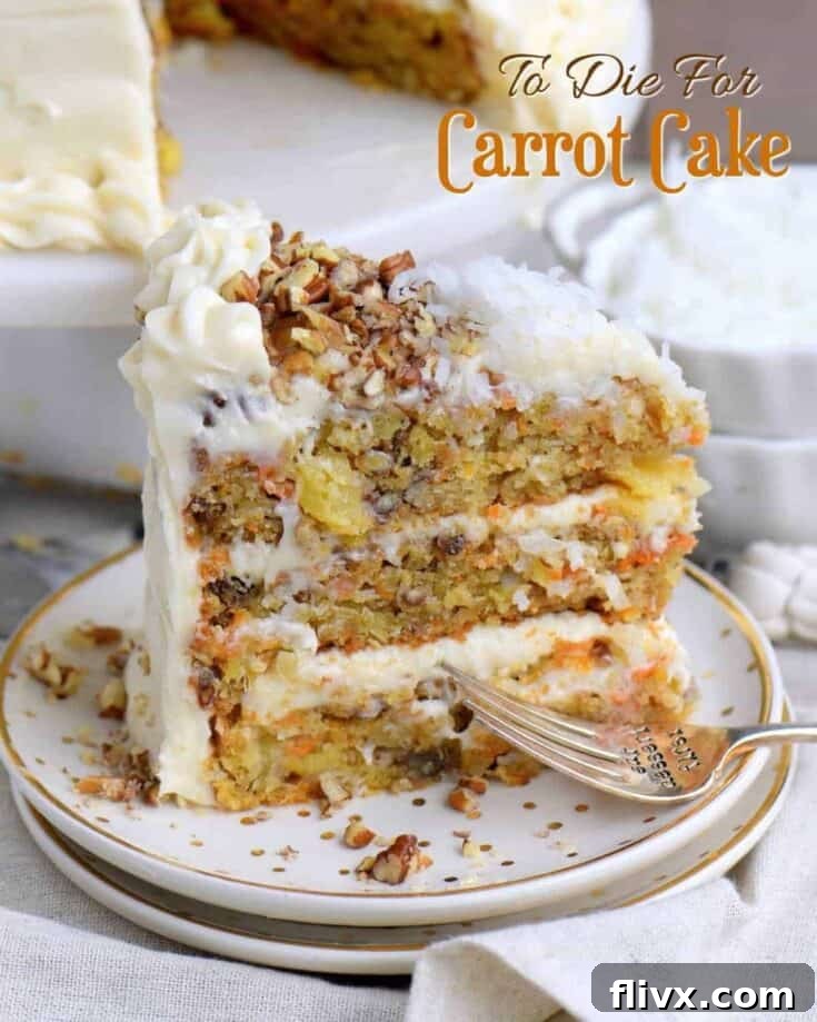 A slice of To Die For Carrot Cake with creamy frosting, perfect for picnics.