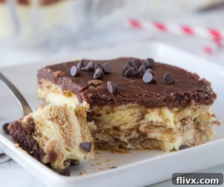A square image of Boston Cream Pie Icebox Cake, showing creamy layers and a chocolate glaze on top.
