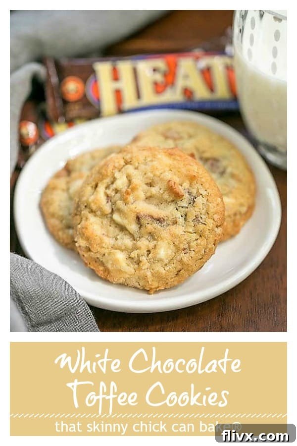 White Chocolate Toffee Chunk Cookies Pinterest text and photo collage