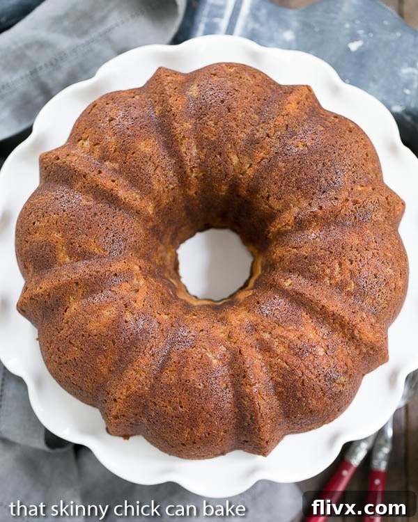 A final beautiful image of the Apple Bundt Cake, emphasizing its golden-brown crust and inviting texture.