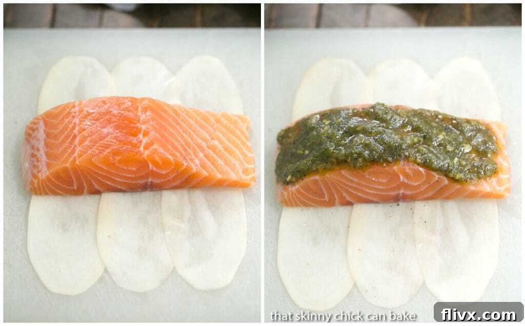 Step-by-step pictorial showing how to wrap Potato Shingled Salmon with pesto and thin potato slices