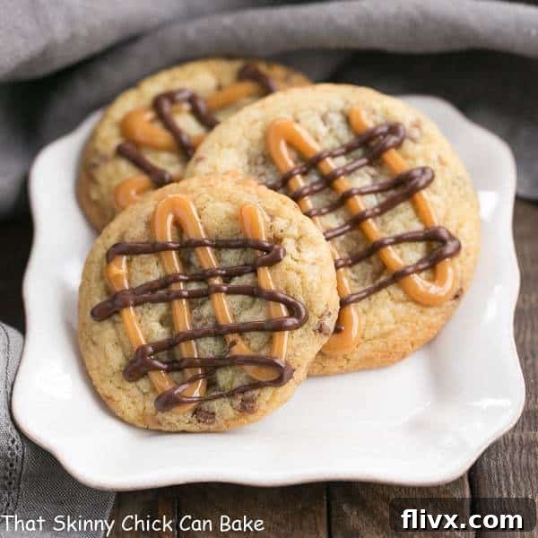 Toffee Cookies on a square white plate, with a hint of drizzled toppings