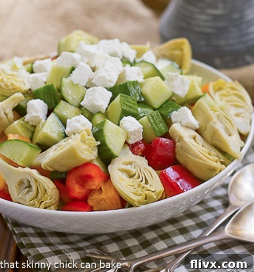 Greek Salad in a white serving bowl