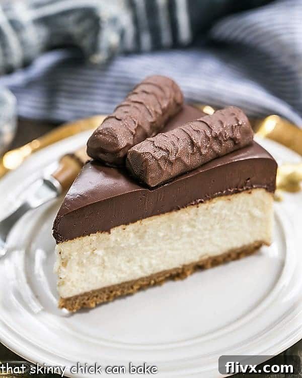 A perfectly sliced piece of Twix Cheesecake resting on a white dessert plate, revealing its layers of graham cracker crust, creamy cheesecake, and rich ganache, adorned with a caramel drizzle.