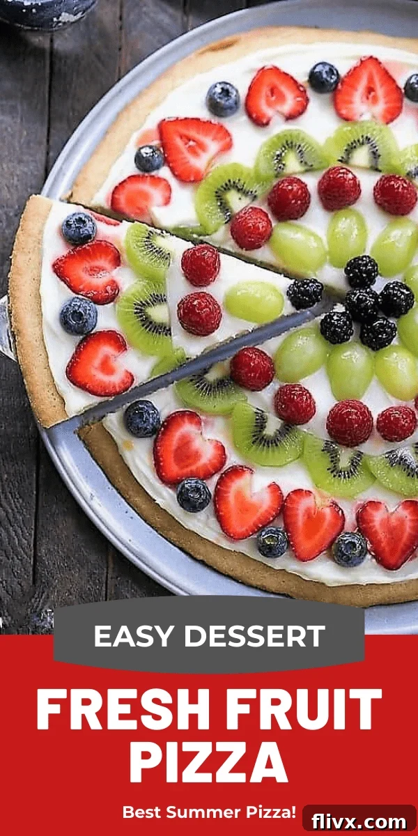 Fresh Fruit Pizza photo collage featuring multiple angles and a slice being removed. Text reads: Fresh Fruit Pizza - A vibrant, delicious dessert pizza with a sugar cookie crust and cream cheese frosting! #dessert #dessertpizza #fruitpizza #pizza #nationalpizzamonth #summerdessert #fruit #thatskinnychickcanbake