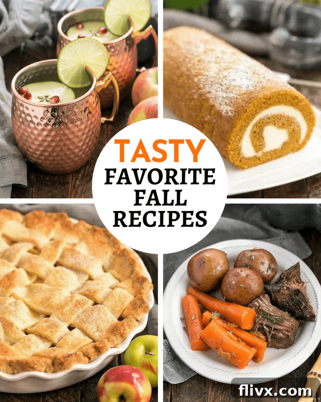 A second collage showcasing four different fall-themed recipes, emphasizing variety and autumnal colors, with a reinforcing title: 'More Delicious Fall Inspiration!'