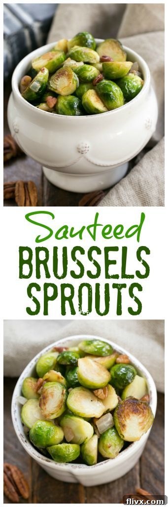 Two photos and one text box collage of sauteed Brussels sprouts