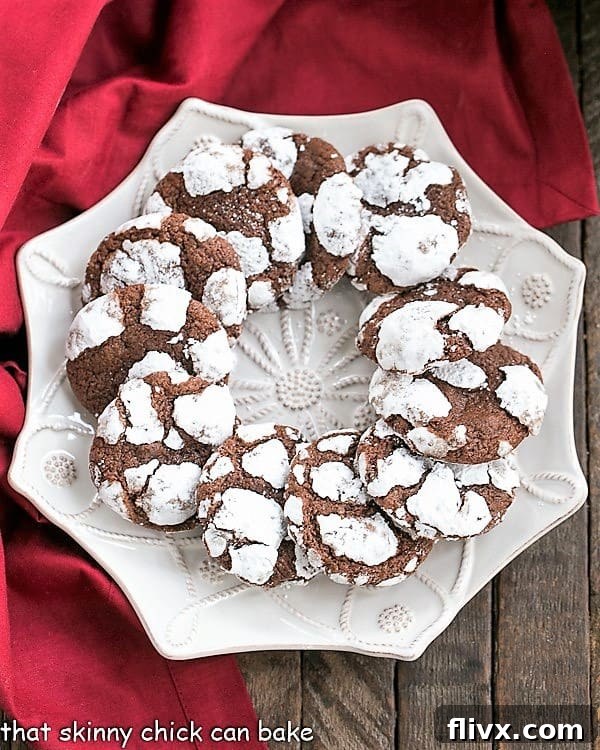 A perfectly arranged circle of Chocolate Crackle Cookies on a simple white serving plate, highlighting their perfect spherical shape and dramatic crackles.